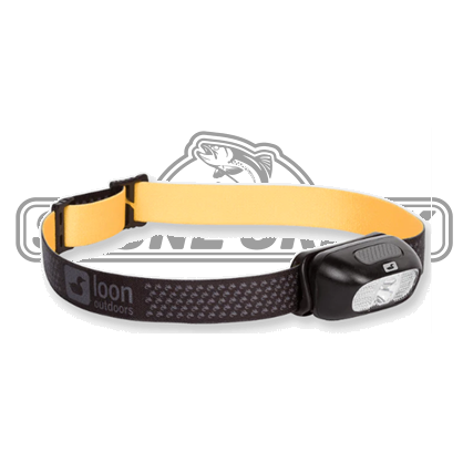 Headlamp with yellow strap on a white background, featuring the brand 'Loon Outdoors'.