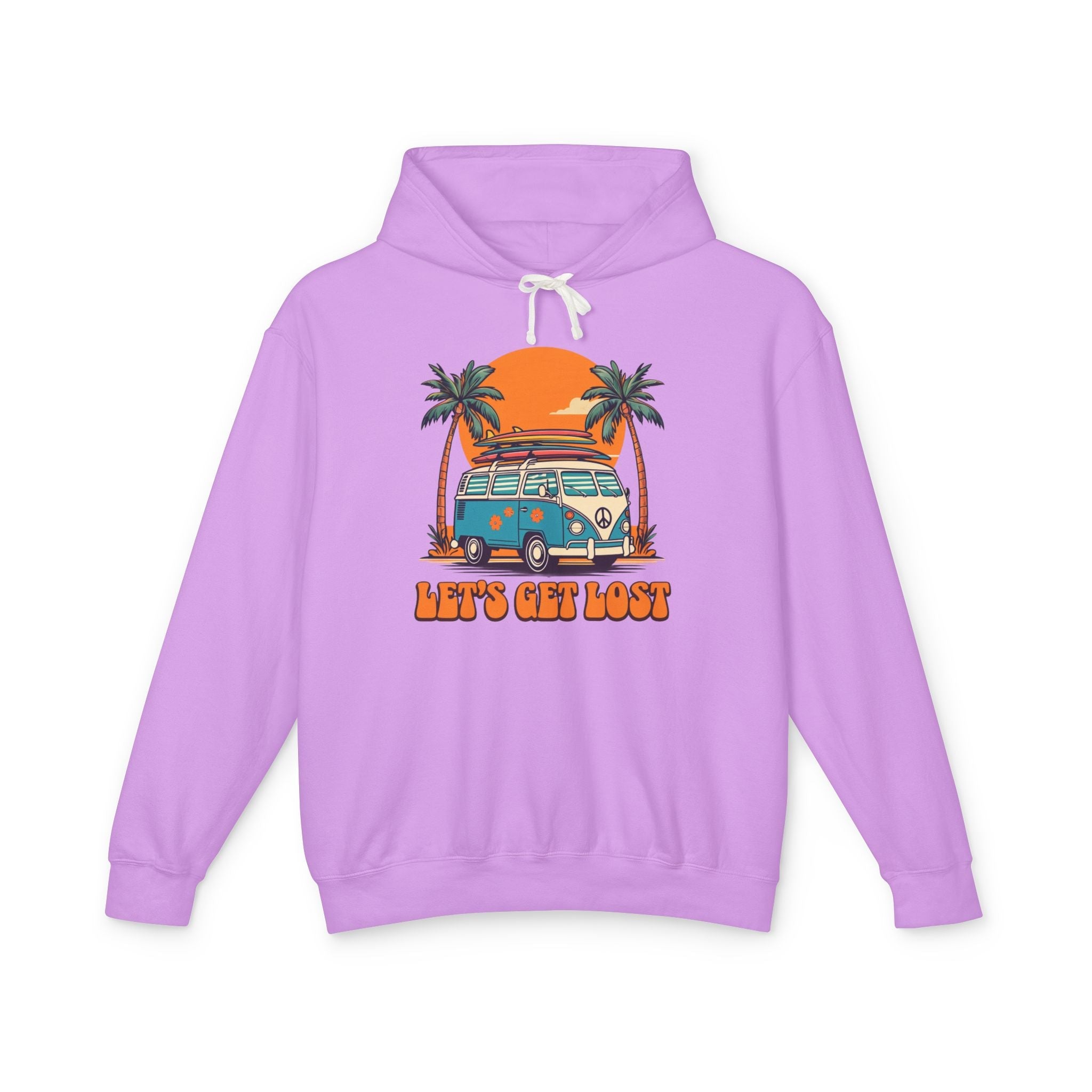 Purple hoodie with a graphic of a van, palm trees, and 'Let's Get Lost' text on a white background
