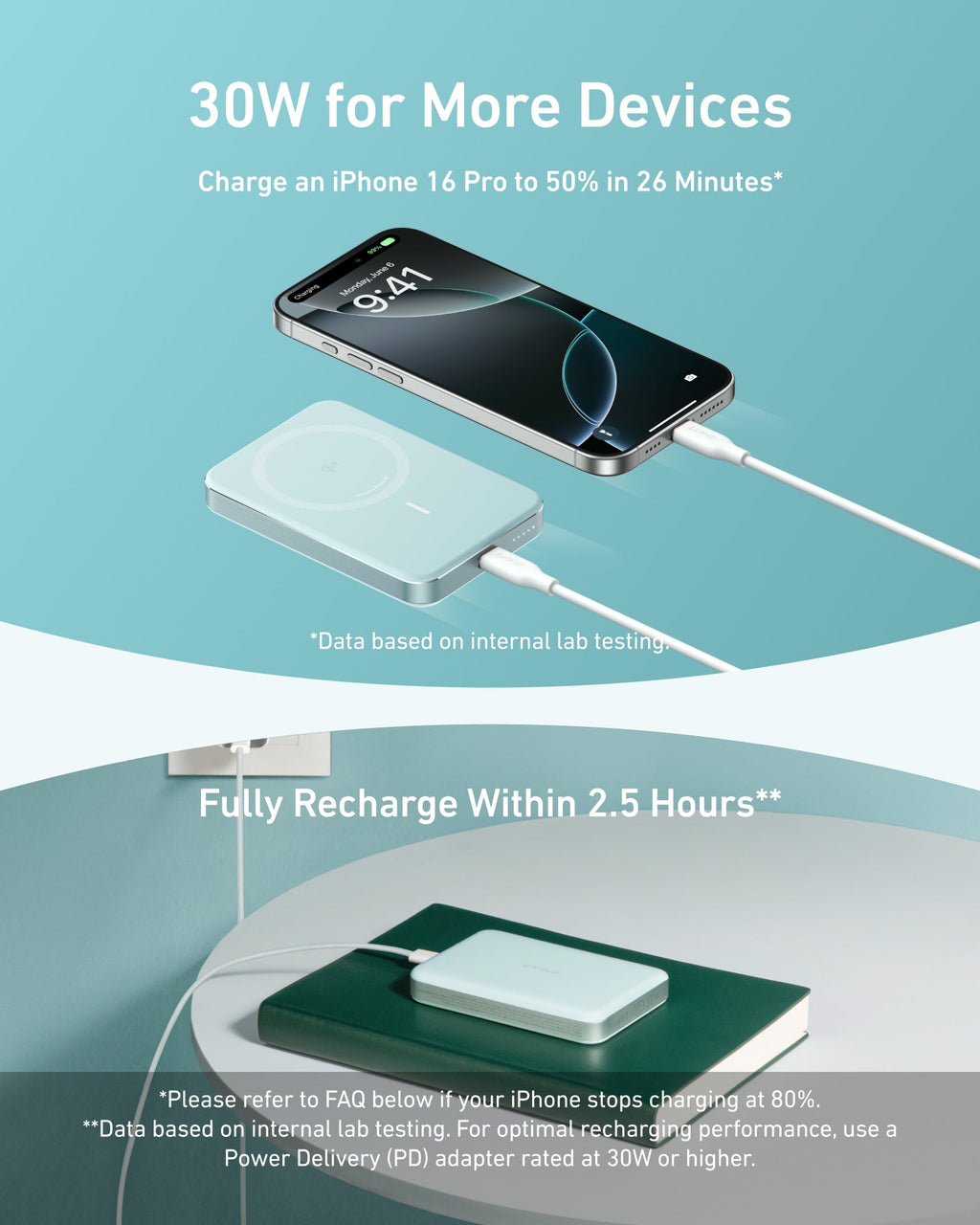 Phone and power bank with text on a blue background