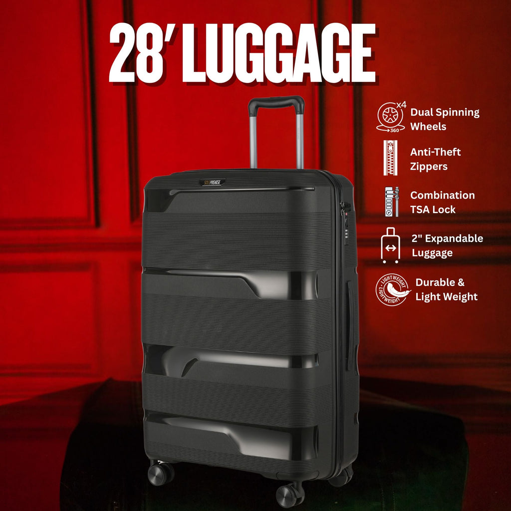 Black suitcase with features listed on a red background