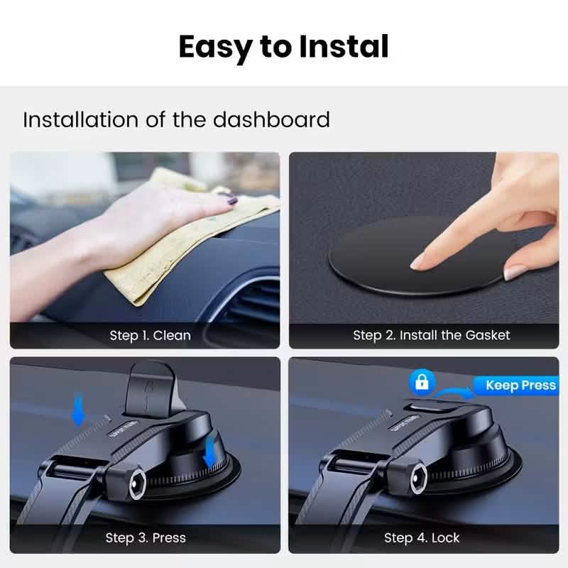 Step-by-step installation guide for a car dashboard product with text 'Easy to Install'.