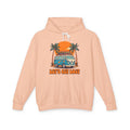 Peach hoodie with a graphic of a van and palm trees on a white background