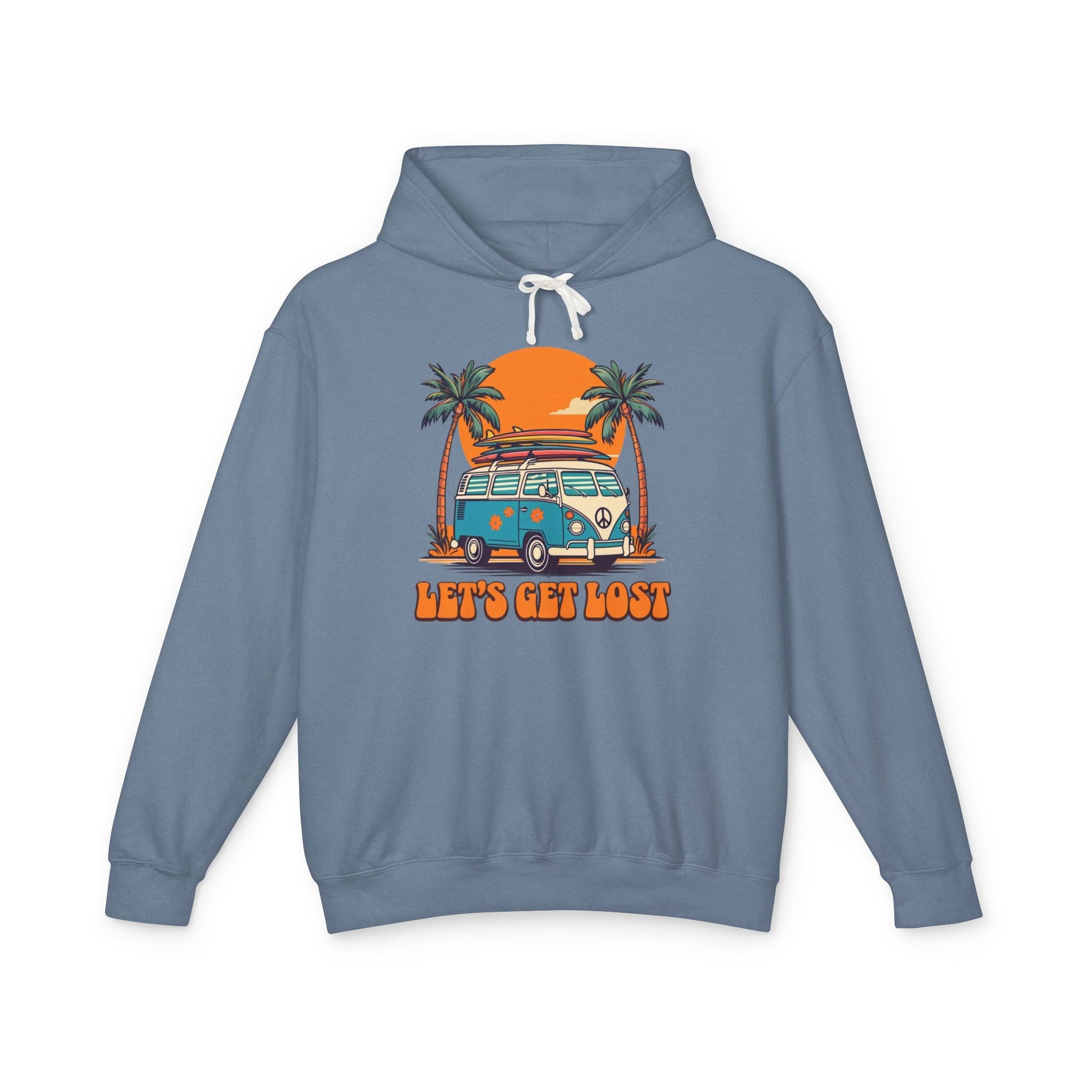 Blue hoodie with a graphic of a van, palm trees, and 'Let's Get Lost' text on a white background
