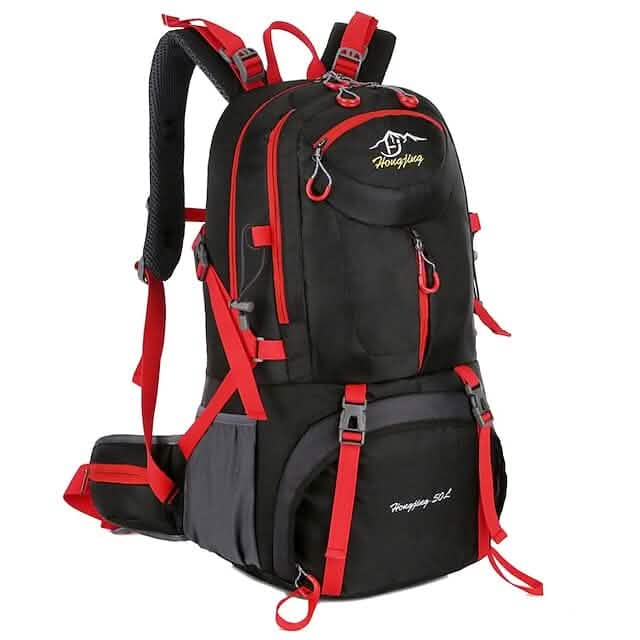 Black and red backpack with visible brand logo on a white background
