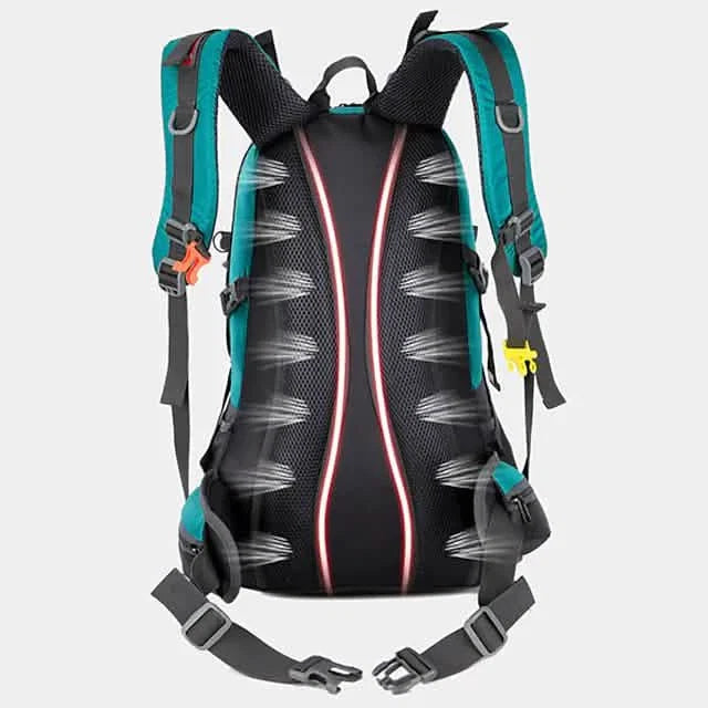 Black backpack with teal straps and reflective elements on a white background