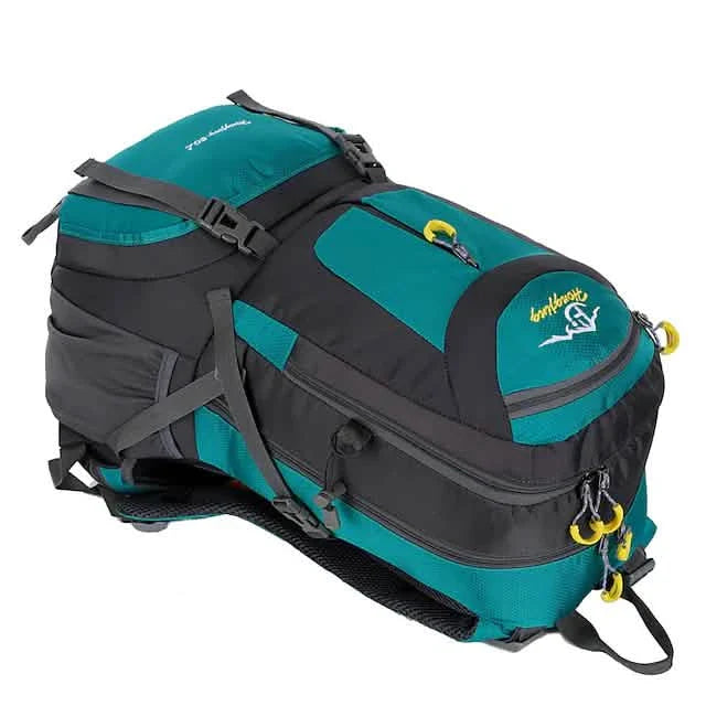 Teal and black backpack with visible brand logo on a white background