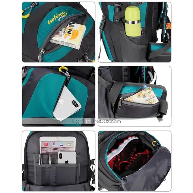 Multifunctional backpack with various compartments and items displayed.