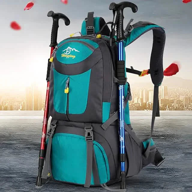 Teal and gray hiking backpack with poles on a cityscape background