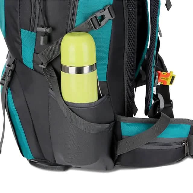 Teal and black backpack with a yellow water bottle in a pocket