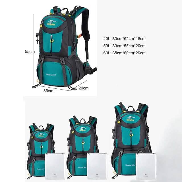 Teal and black backpack with dimensions and additional views on a white background