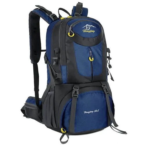 Blue and black backpack with a brand logo on a white background