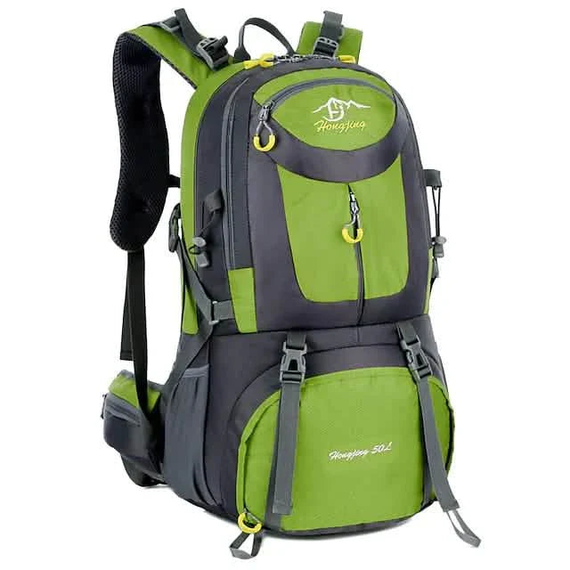 Green and gray backpack with Honeybee brand logo on a white background