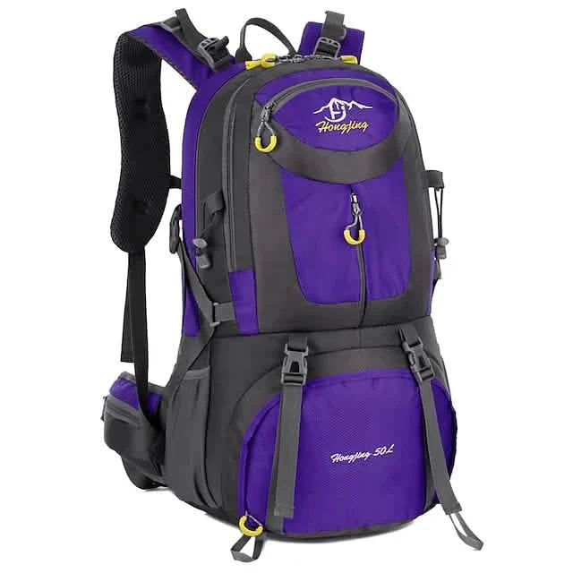 Purple and gray backpack with visible brand logo on a white background