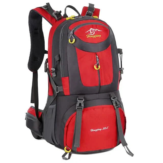 Red and gray backpack with visible brand logo on a white background