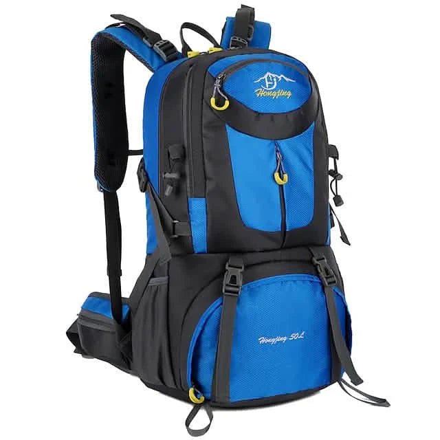 Blue and black backpack with visible brand logo on a white background