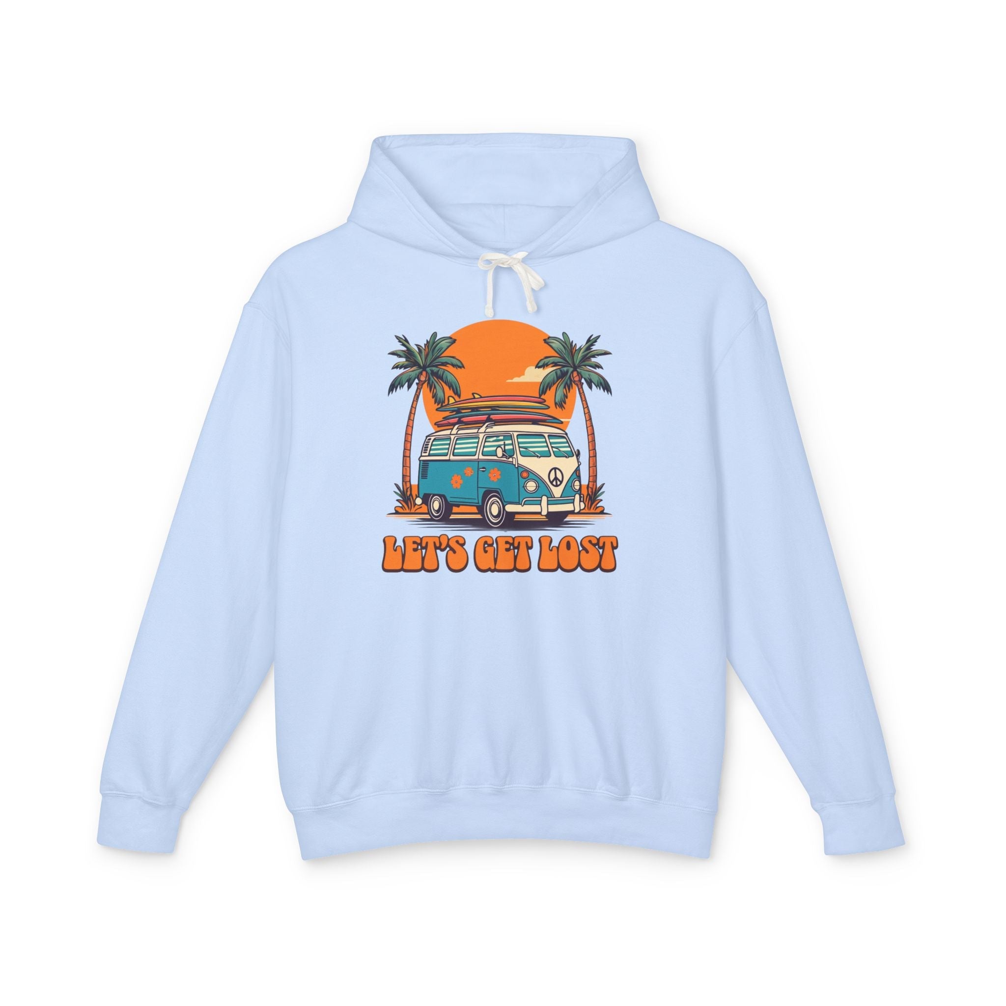 Light blue hoodie with a graphic of a van and palm trees on a white background