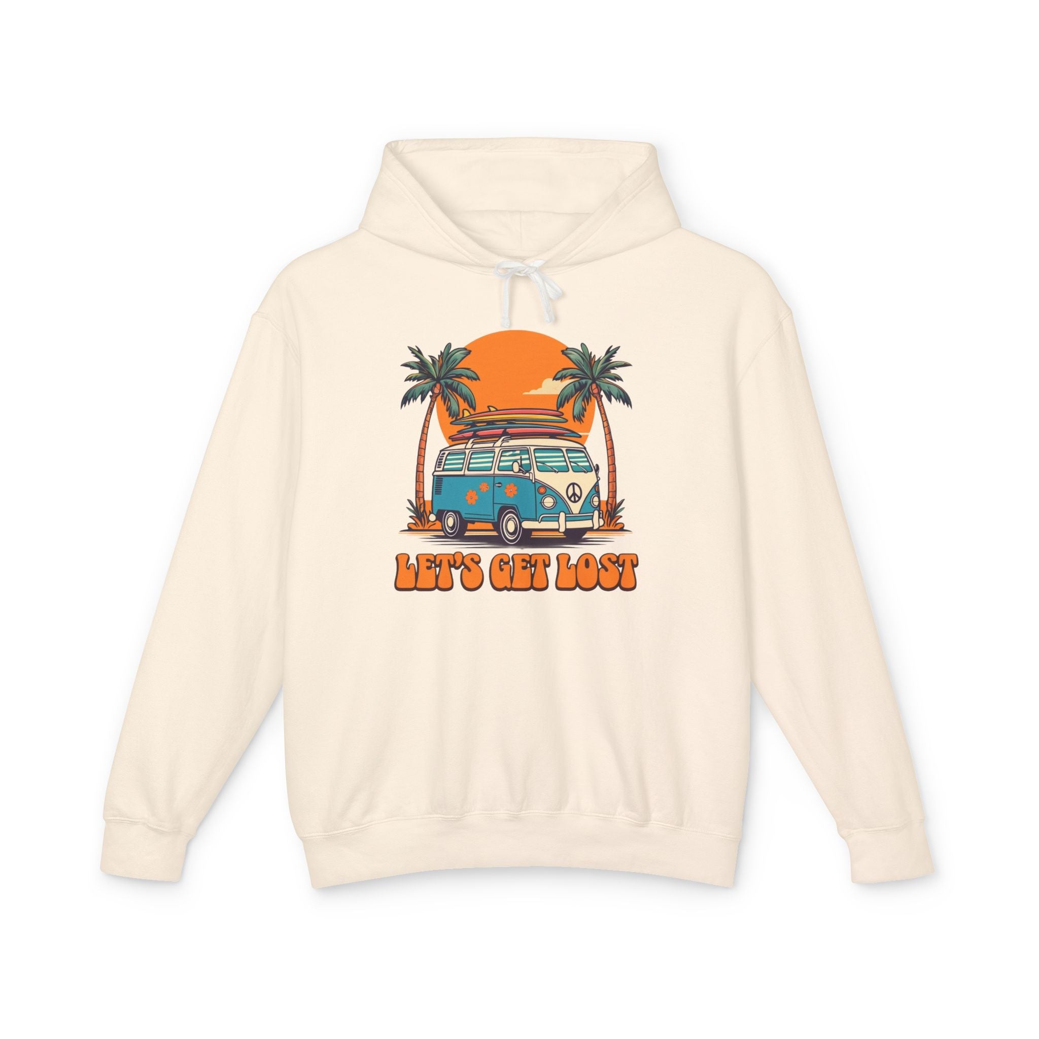 Beige hoodie with a graphic of a van and palm trees on a white background