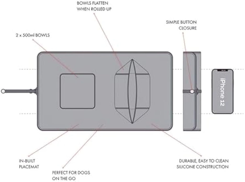Diagram of a gray silicone mat with features labeled on a white background