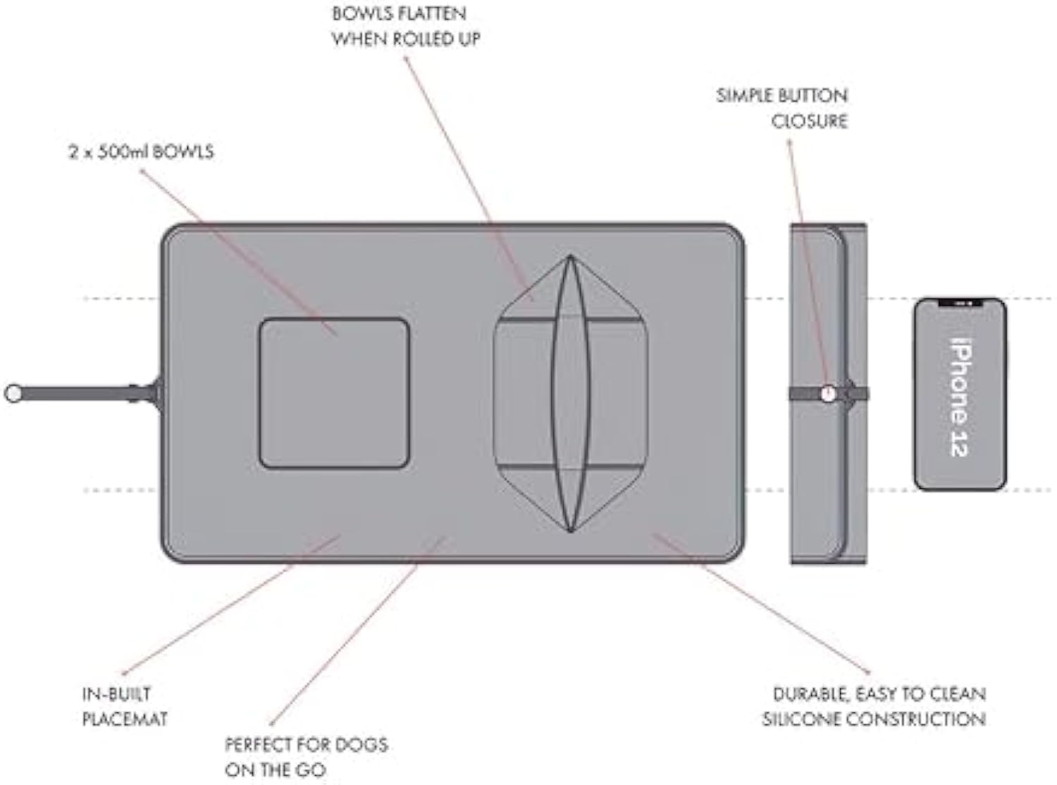 Diagram of a gray silicone mat with features labeled on a white background