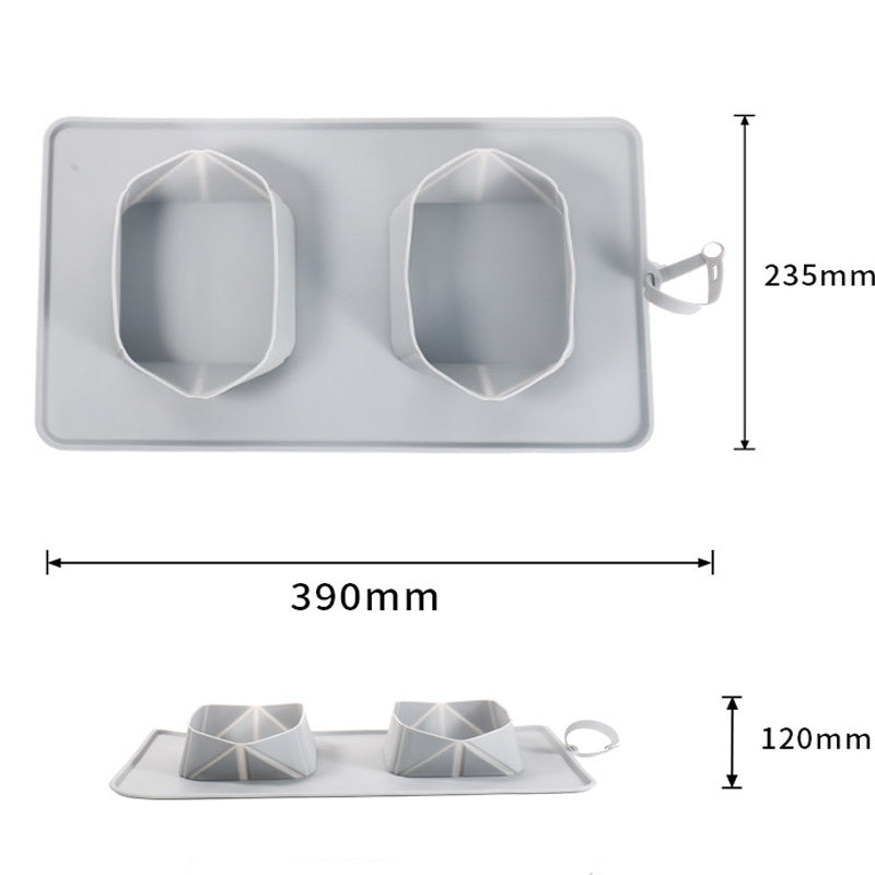 Silicone mold with geometric shapes on a white background, showing dimensions.