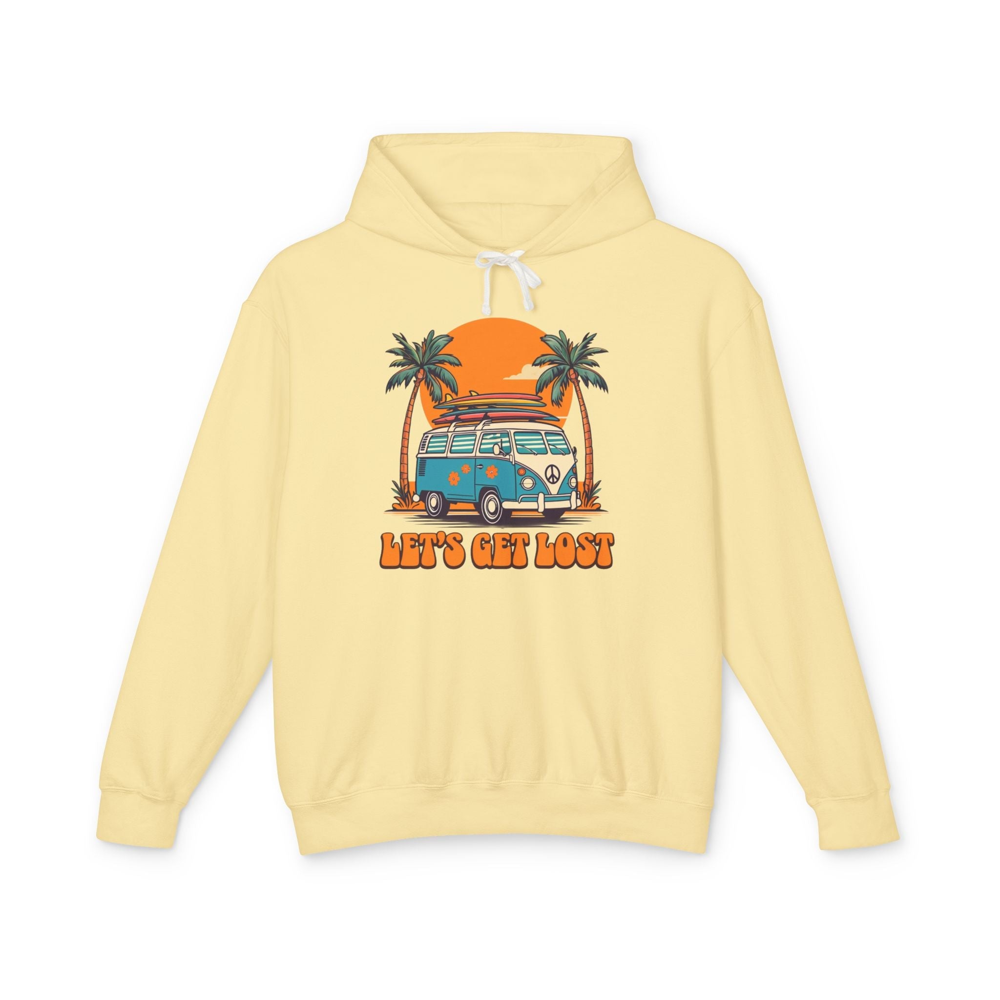 Yellow hoodie with a graphic of a van and palm trees on a white background