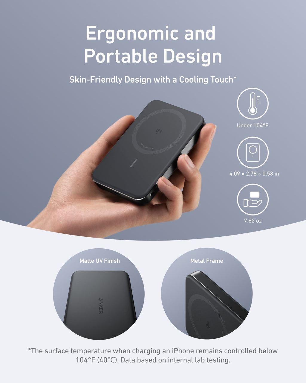 Hand holding a black wireless charging device with design features highlighted on a gray background