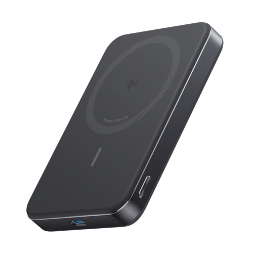 Black wireless charging pad on a white background