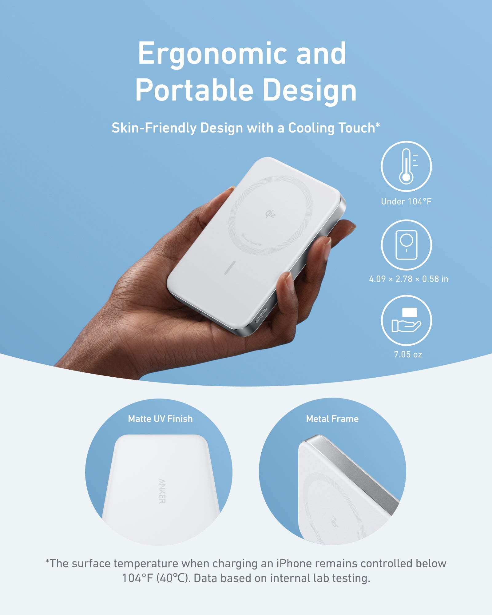 Hand holding a small white device with text about ergonomic design and cooling touch on a blue background.