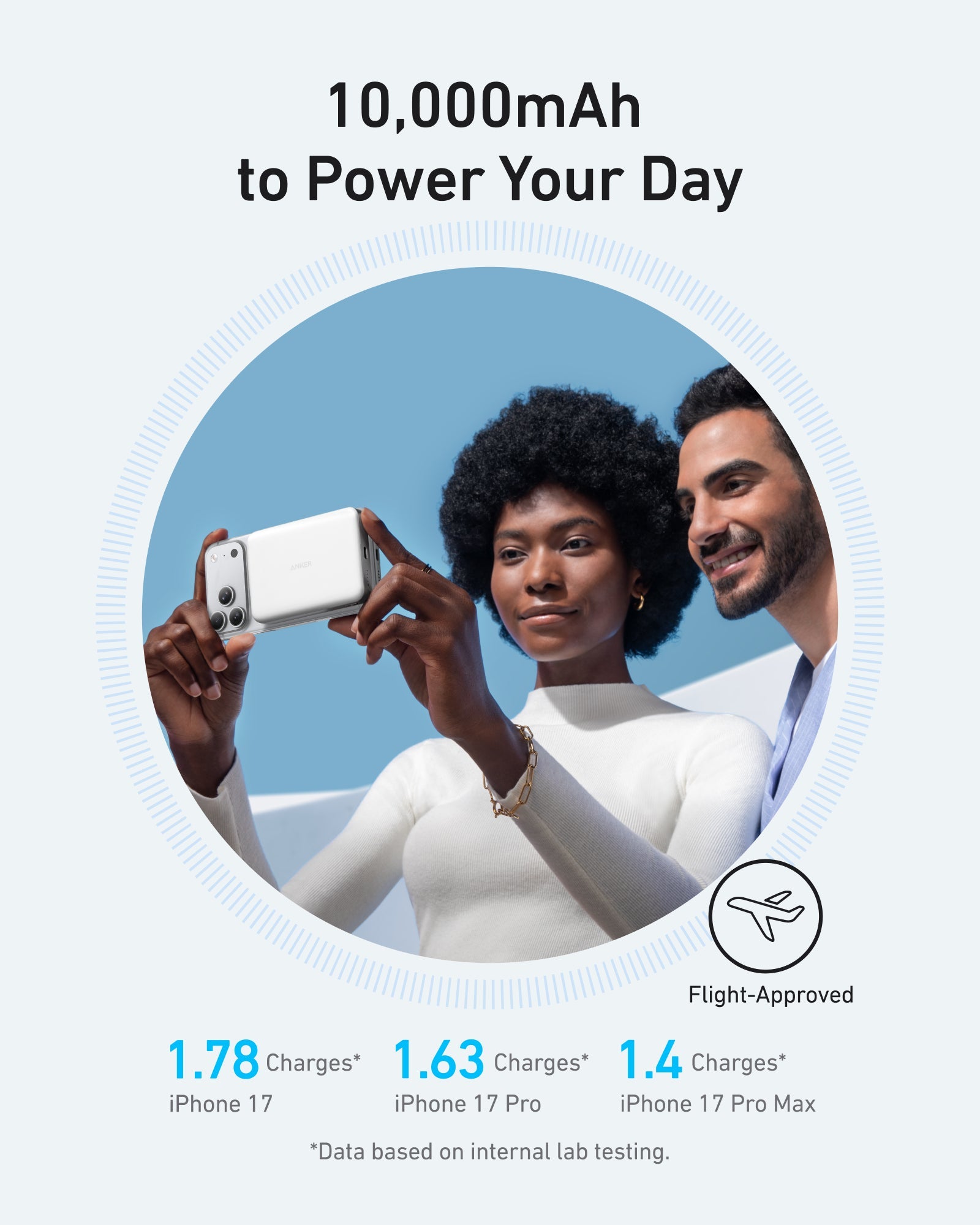 Person holding a phone with text about battery capacity and charging times.