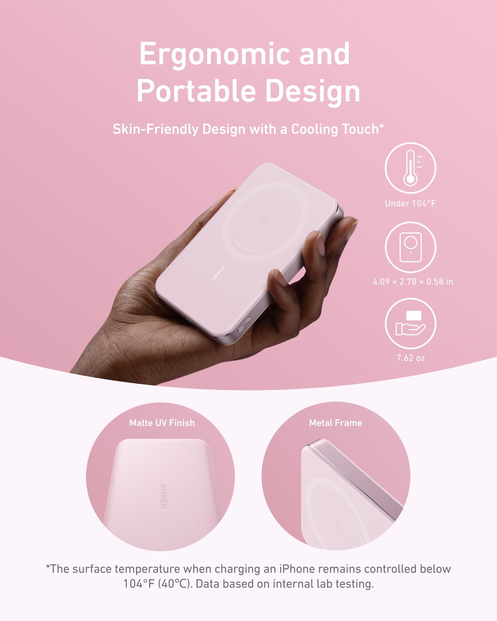 Hand holding a small electronic device with text about ergonomic design and cooling touch on a pink background.