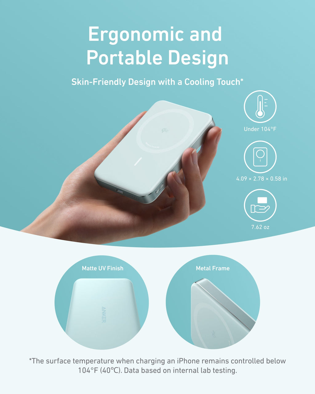 Hand holding a small white device with text about ergonomic design and cooling touch on a light blue background.