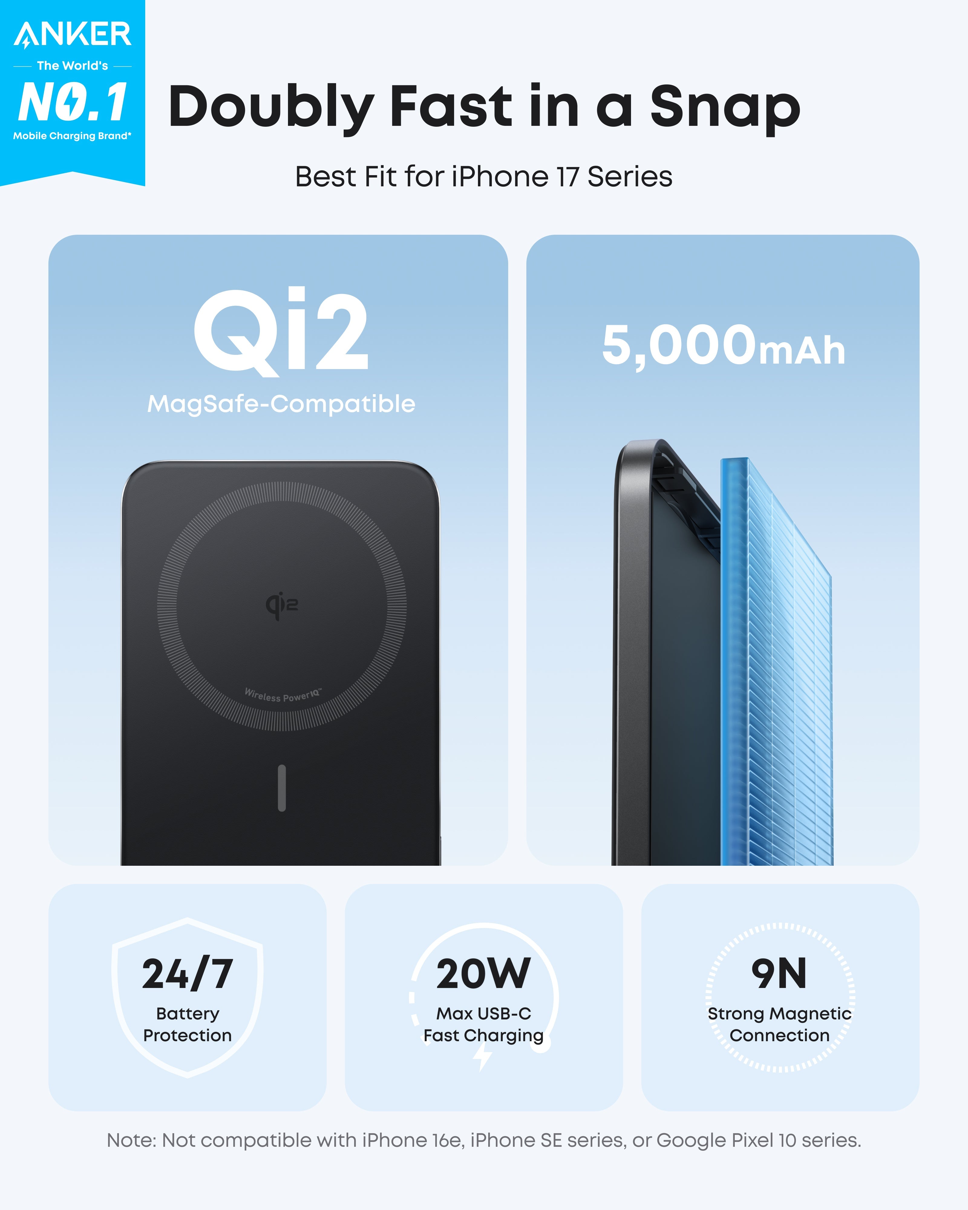 Anker product with features highlighted on a light blue background