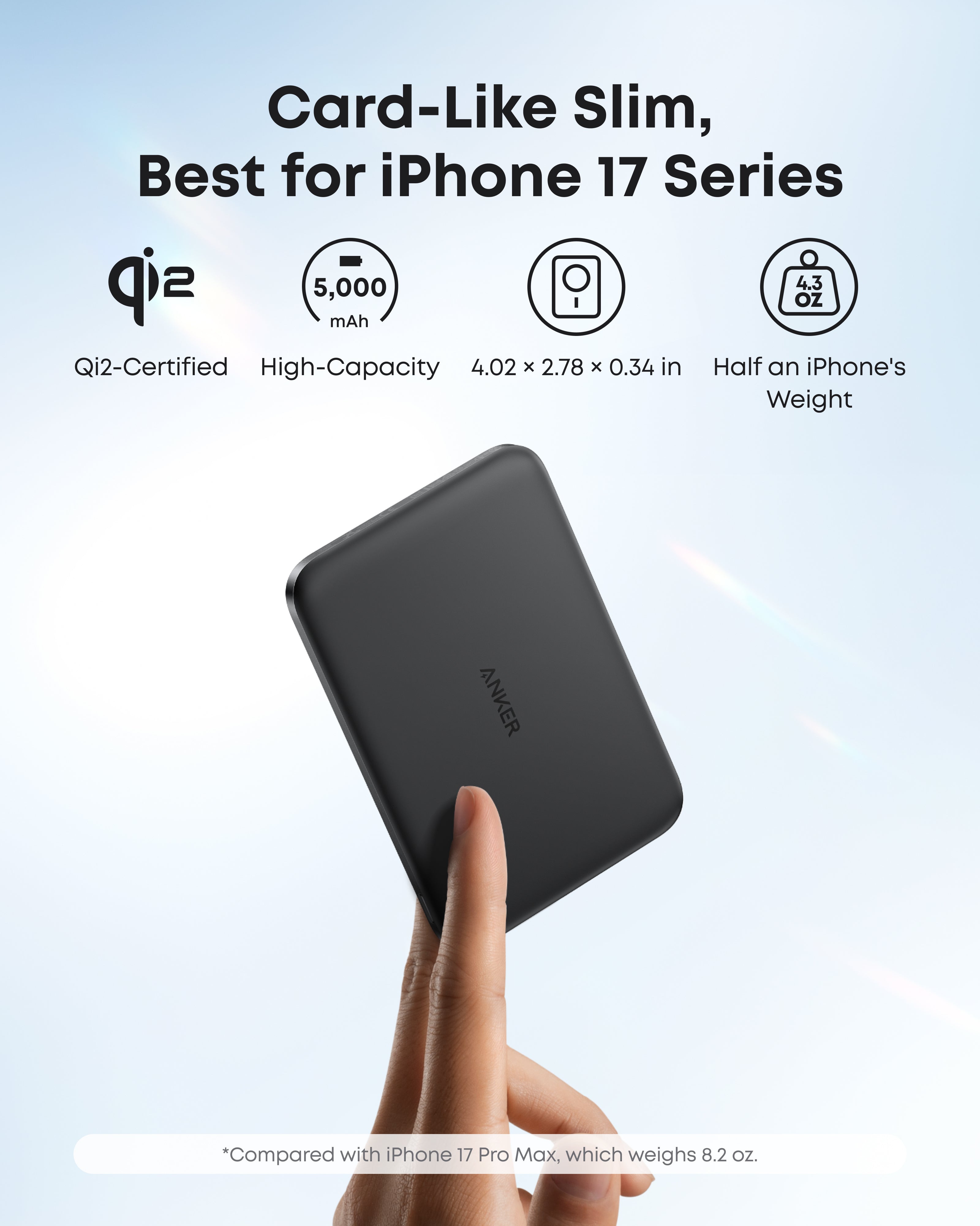 Anker power bank with specifications on a light blue background
