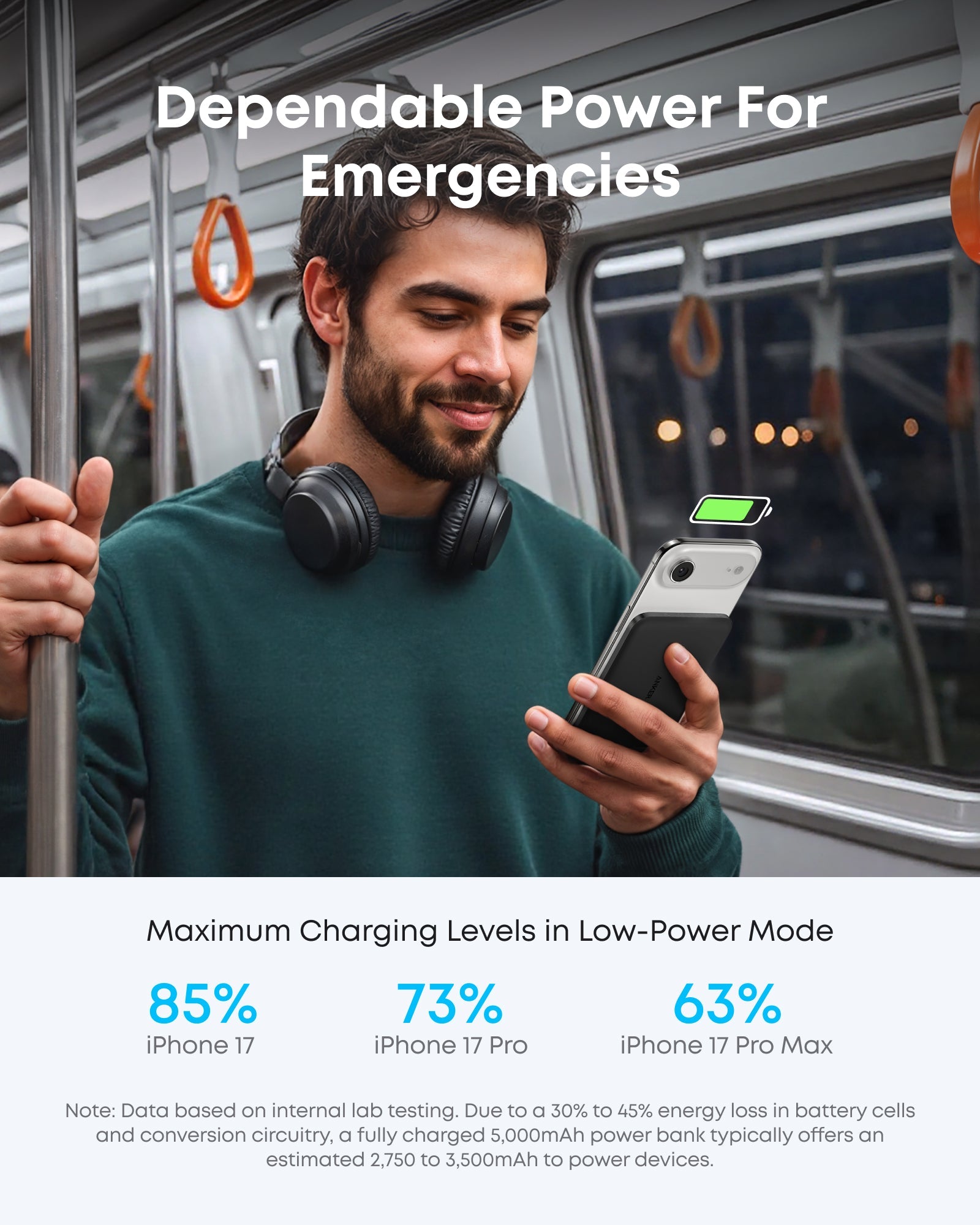 Man using a smartphone with a charging device on a train, emphasizing power for emergencies.