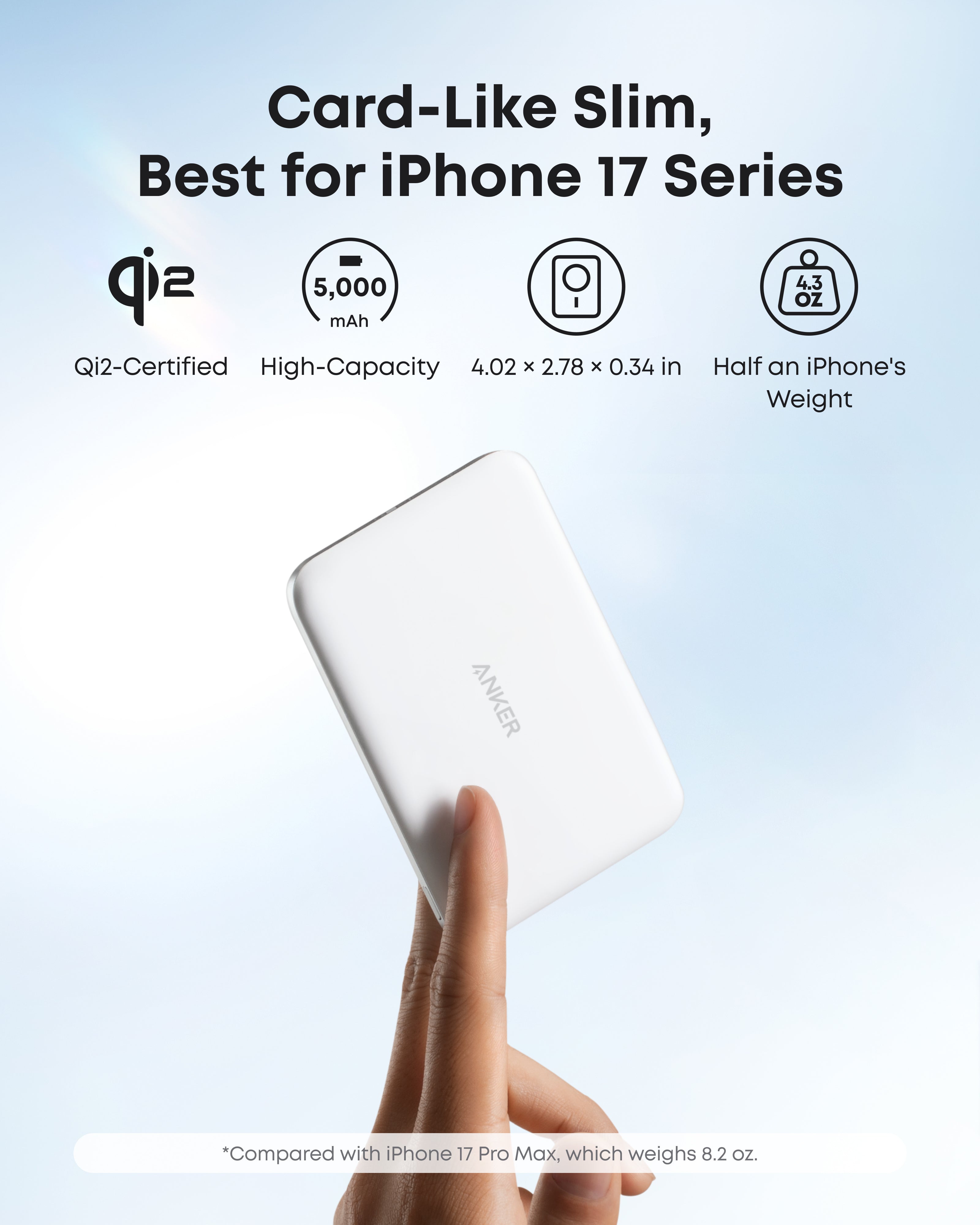 Portable phone charger with QI2 certification and specifications on a light blue background