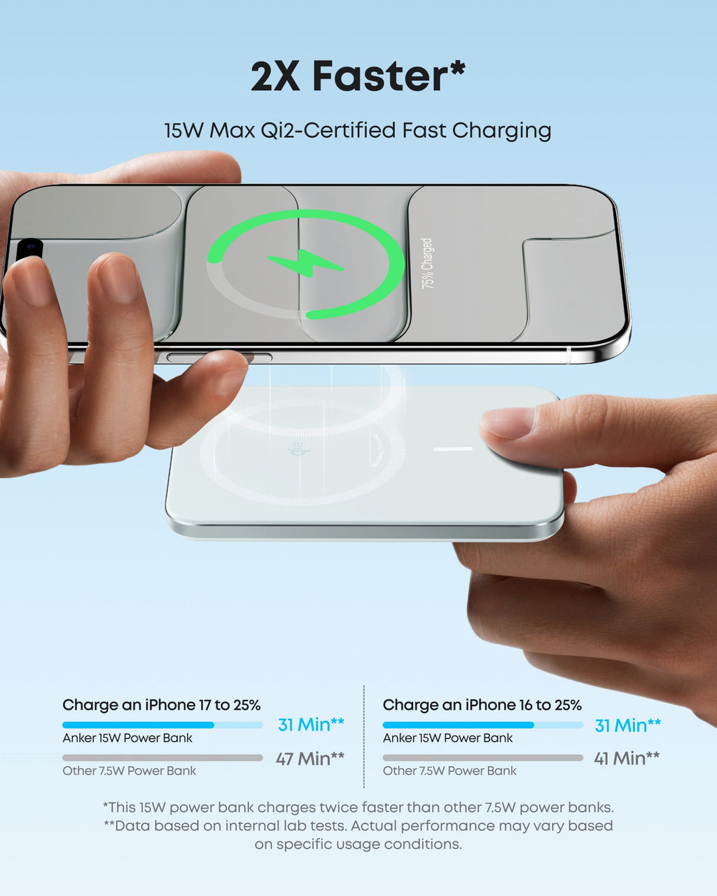 Fast charging technology with a smartphone and power bank on a light blue background