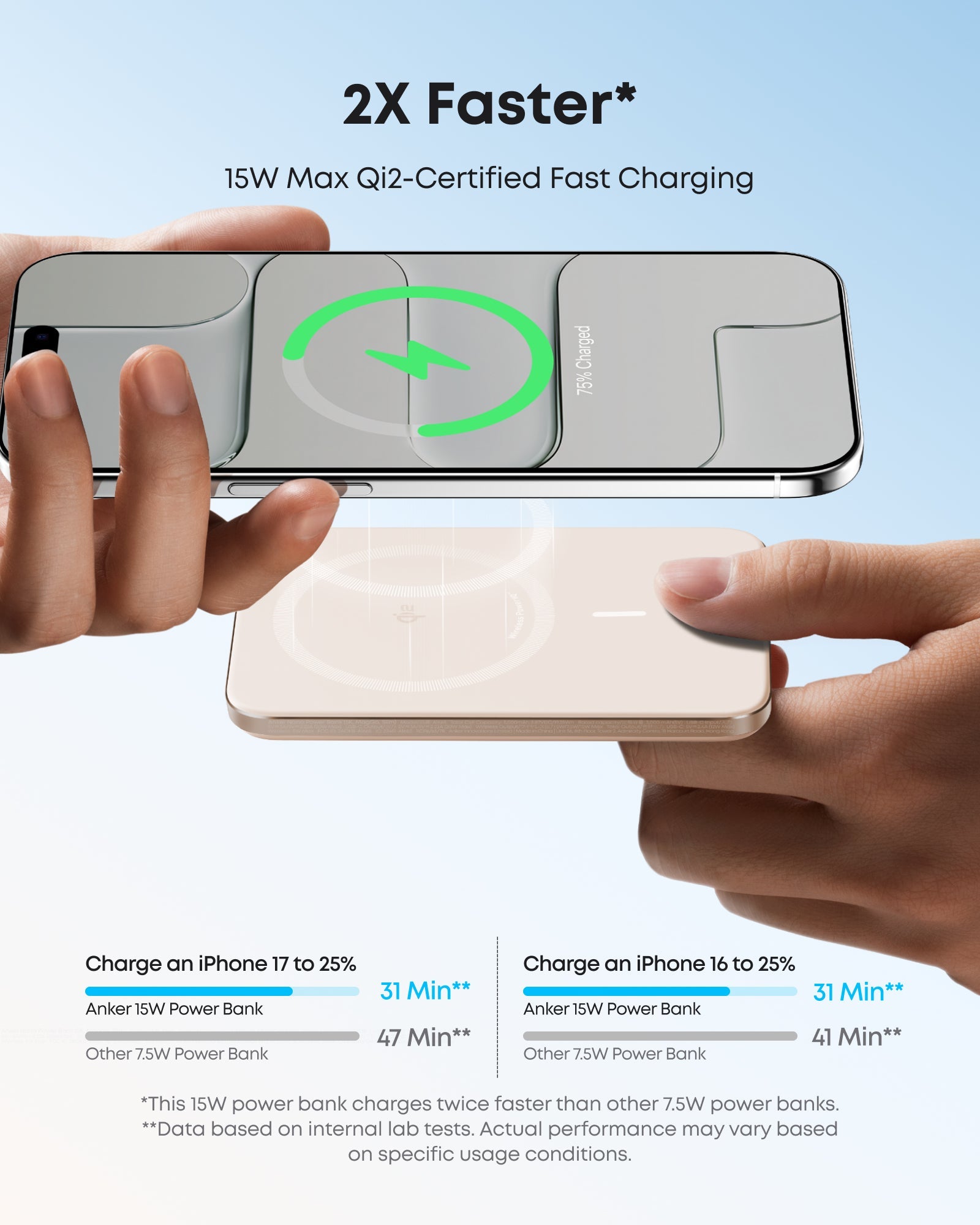 Person holding a smartphone with a wireless charging pad, showcasing fast charging capabilities.