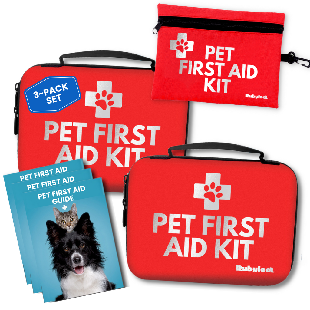 Pet first aid kit set with three red kits and a guide on a white background