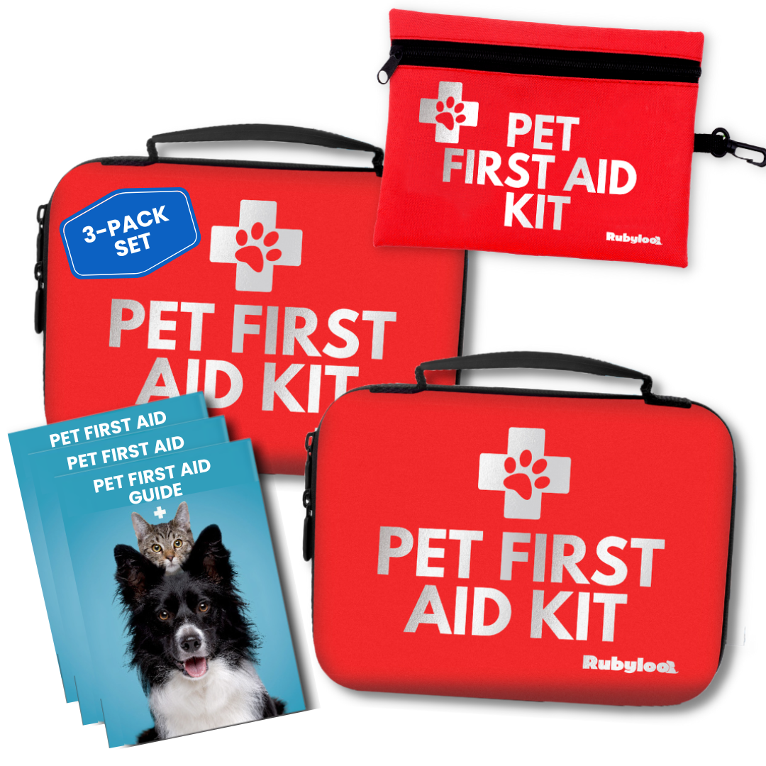 Pet first aid kit set with three red kits and a guide on a white background