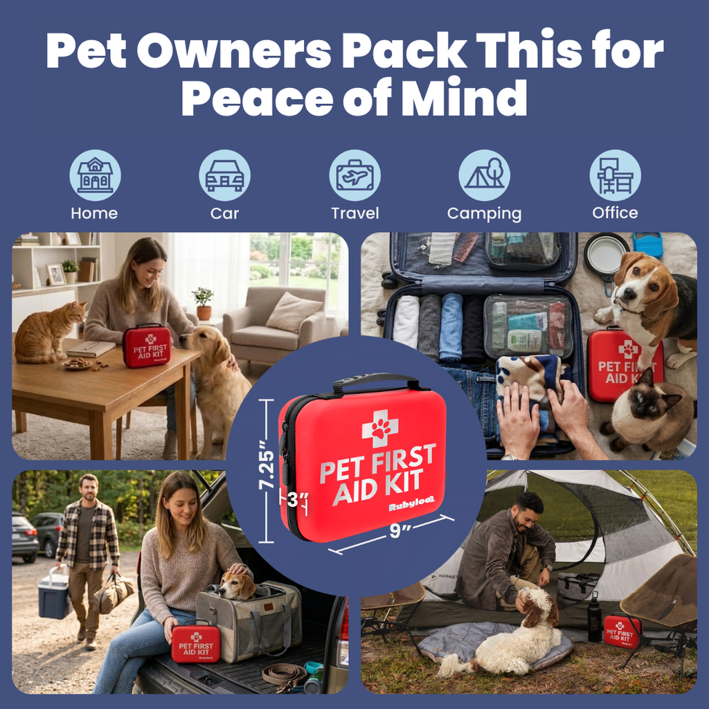 Pet First Aid Kit with various usage scenarios and features highlighted.