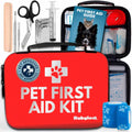 Pet first aid kit with various supplies including a bandage, syringe, and scissors, branded as Rubyloo.