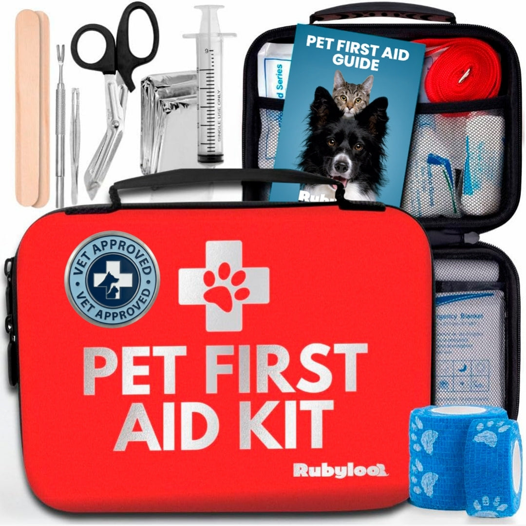 Pet first aid kit with various supplies including a bandage, syringe, and scissors, branded as Rubyloo.