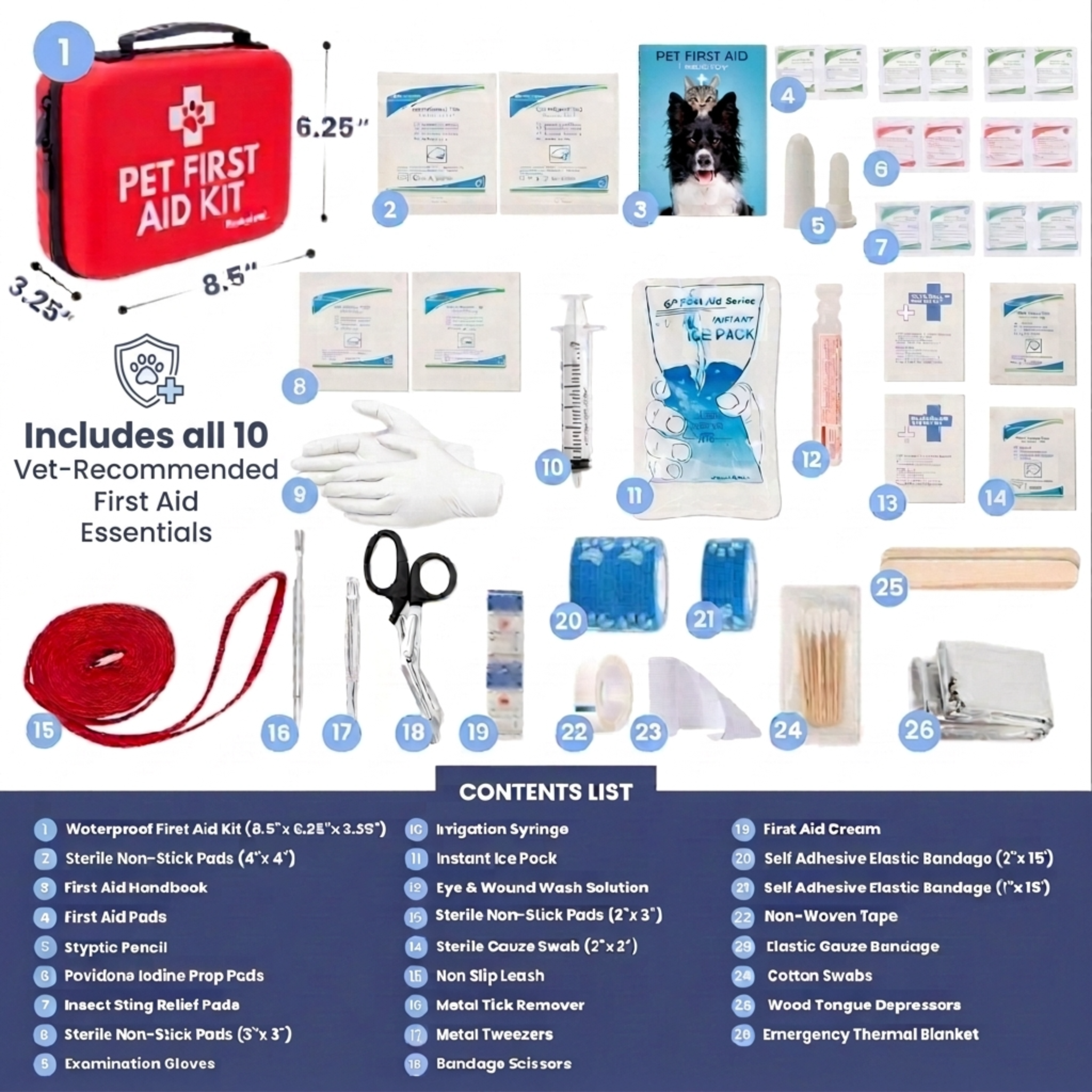 Pet first aid kit with components labeled and a contents list displayed.