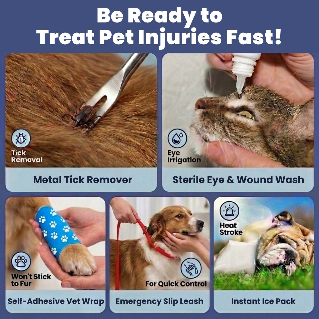 Promotional graphic for pet care products with images of tick removal, eye irrigation, and other pet care items.