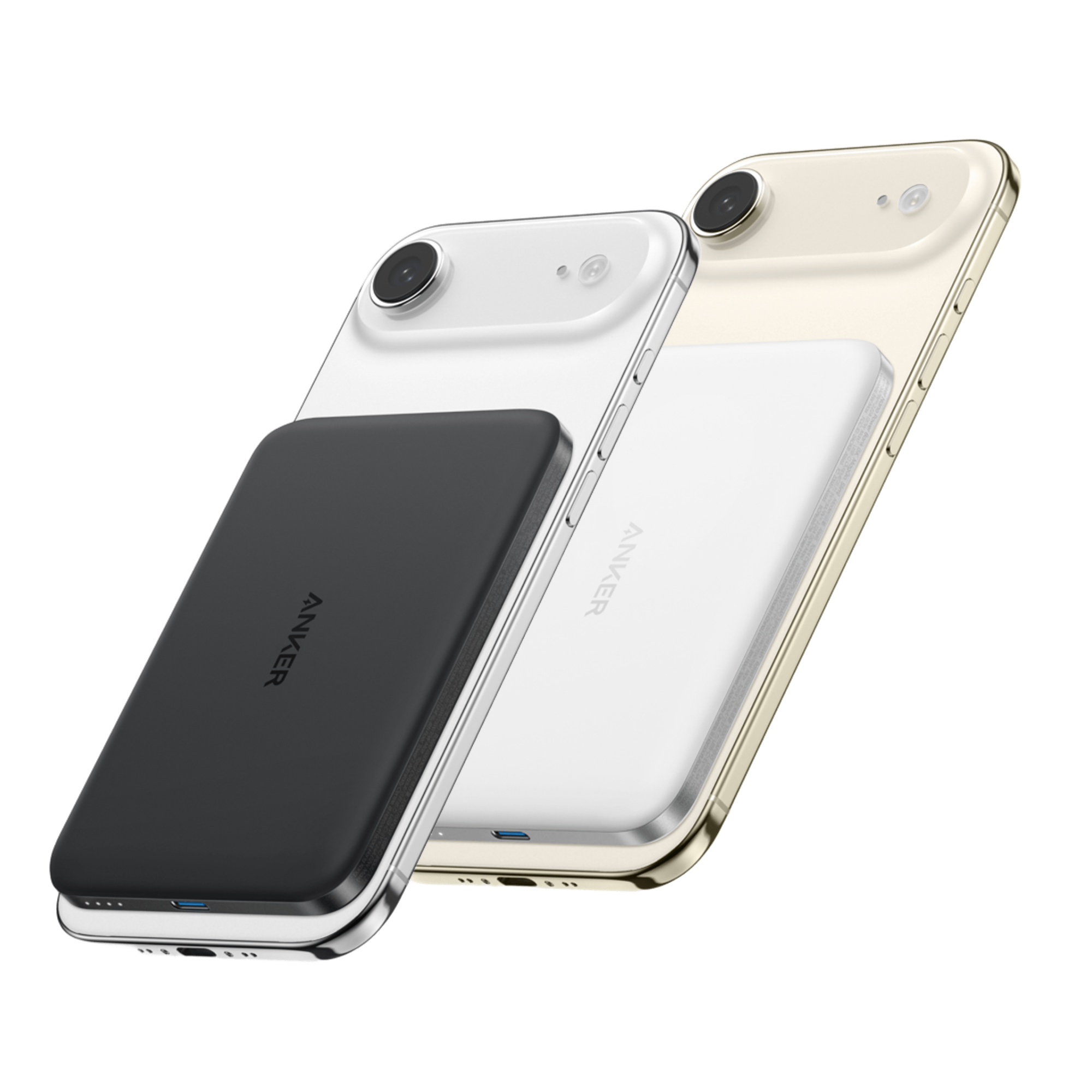Black Anker power bank with three smartphones on a white background