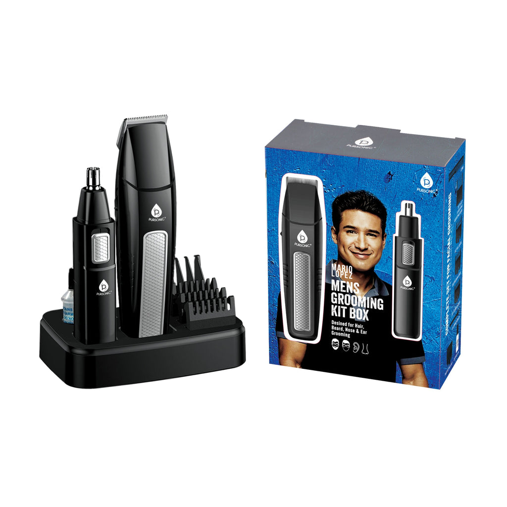 Mens grooming kit with black hair trimmer, nose hair trimmer, and packaging on a white background