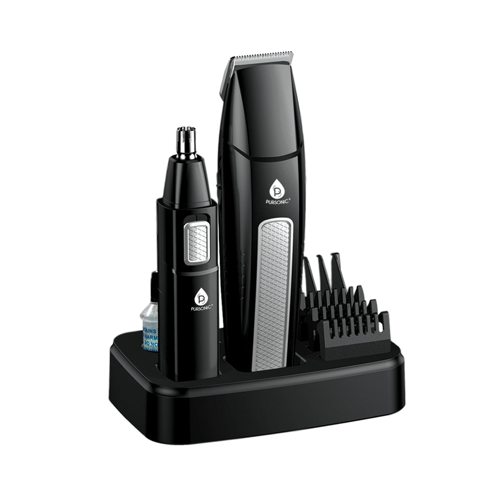 Black grooming kit with multiple attachments on a white background