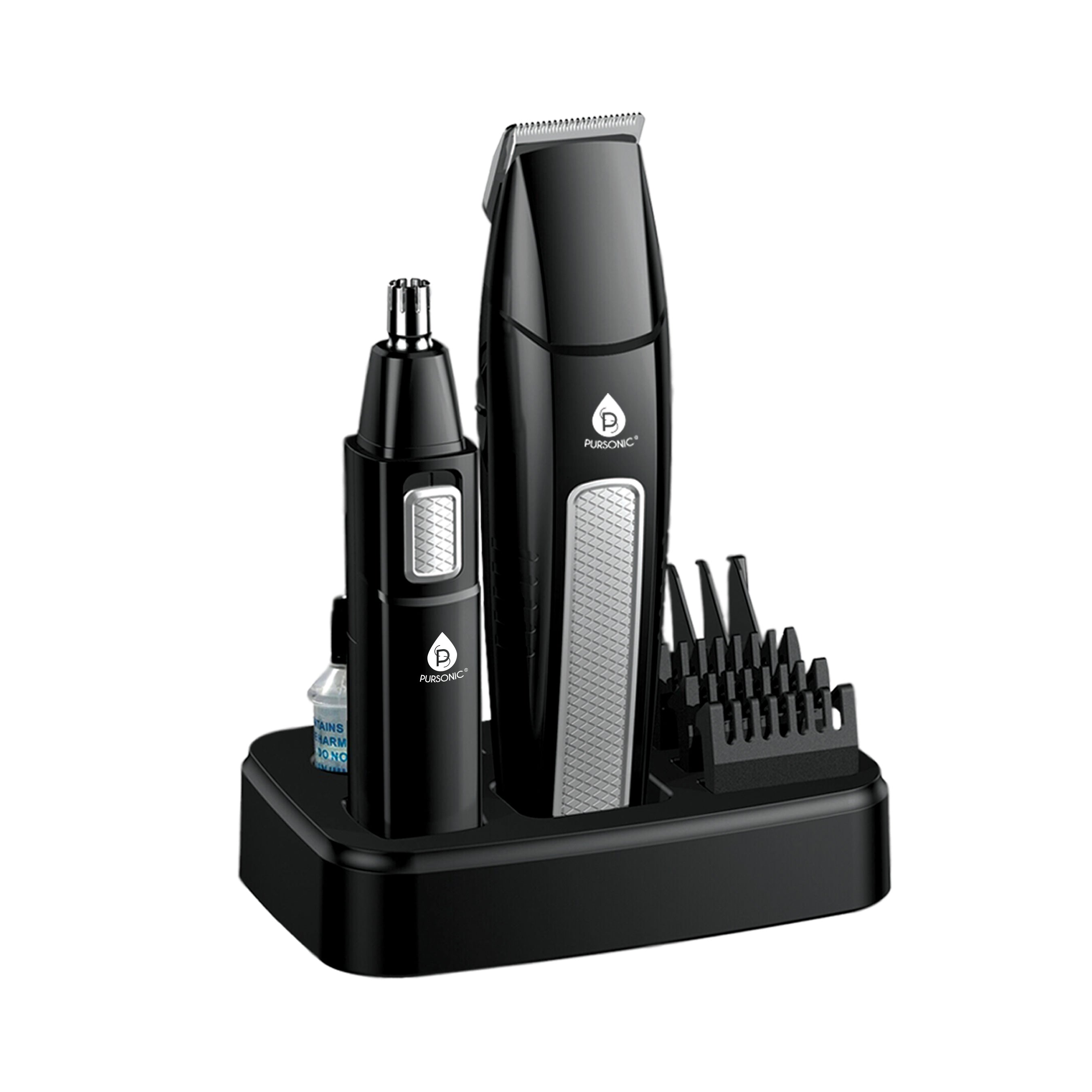Black grooming kit with multiple attachments on a white background