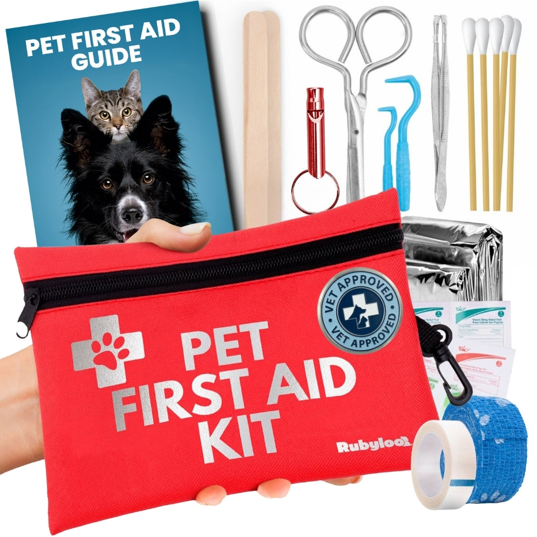 Pet first aid kit with red pouch, tools, and guide on a white background