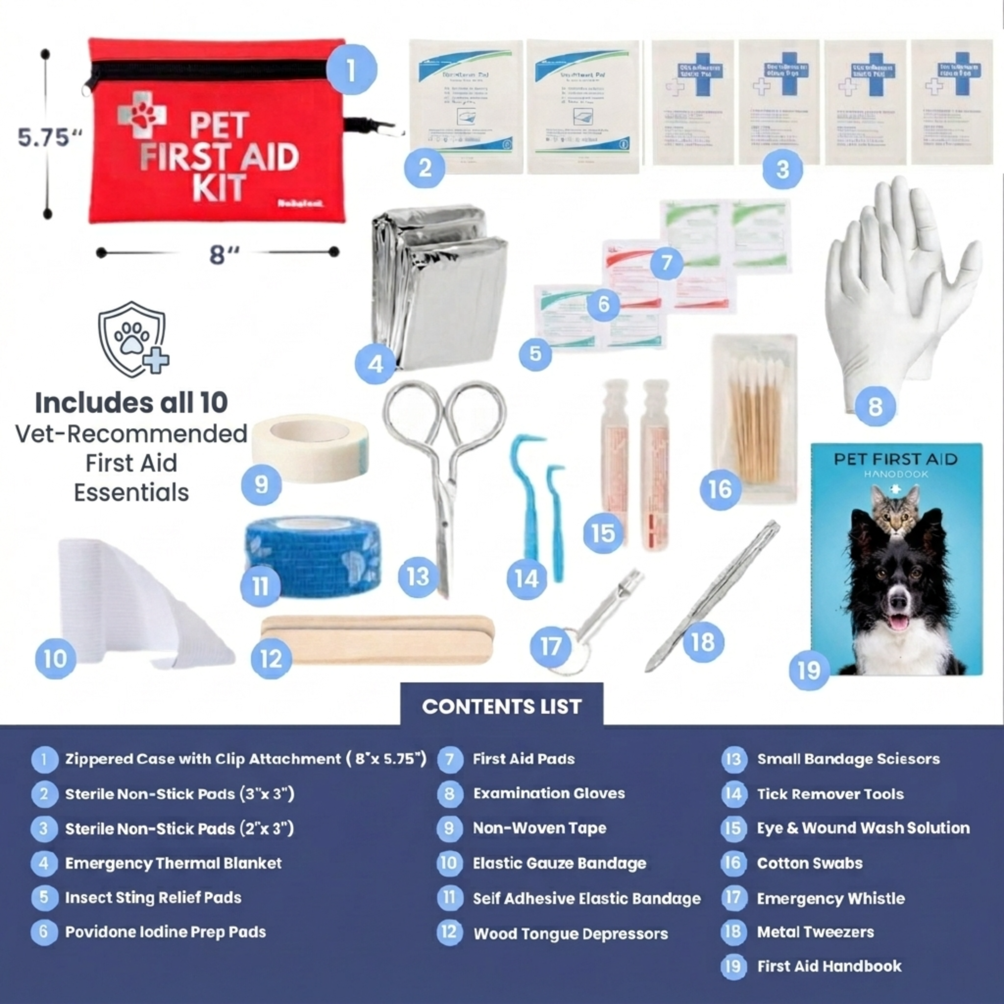 Pet first aid kit contents with labeled items on a white background